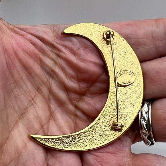 HANAE Mori Crescent Moon Brooch Pin Gold Tone Signed Costume Jewelry - Picture 6 of 7